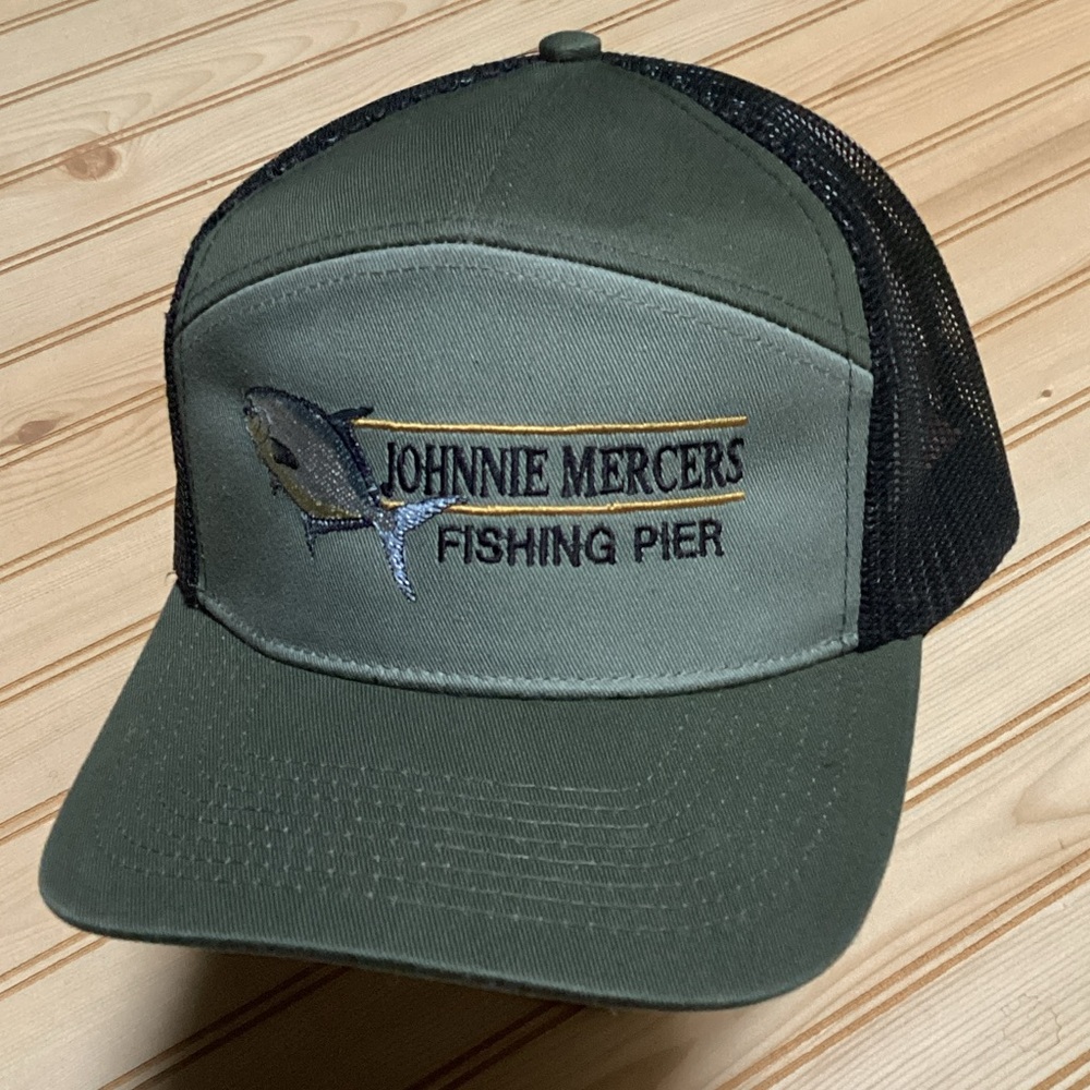 Johnnie Mercers Fishing Pier Olive Green &‎ Black Mesh Adjustable Trucker Hat